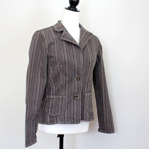 Vintage POINT ZERO Jacket Brown Grey Striped Stretch Cotton Blend Pockets Size S - Picture 1 of 11